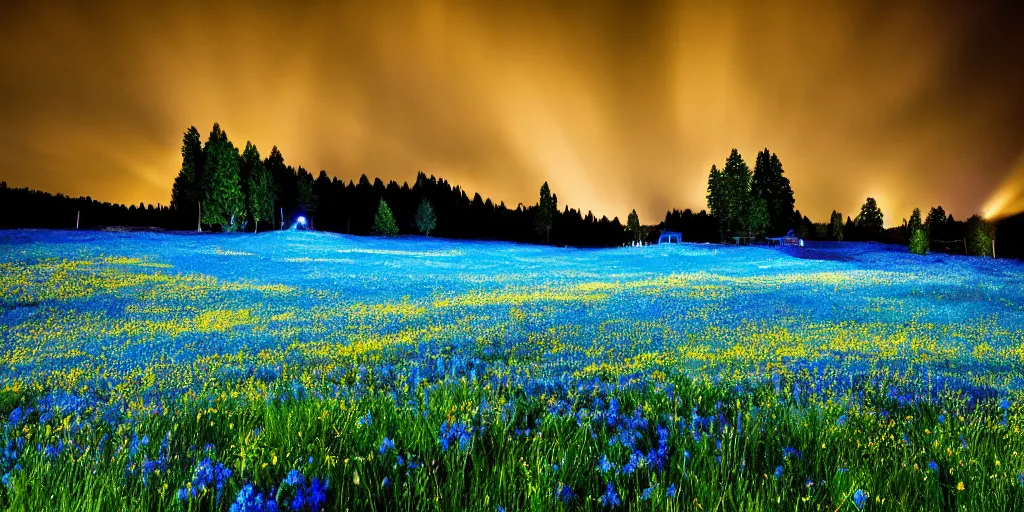 Image similar to ( * ) midnight, meadows on hills, blue flowers bloomed all over, glowing spores flying, photo, cinematic, 4 k, incredibly detailed, ephemere, feerique atmosphere contemplative