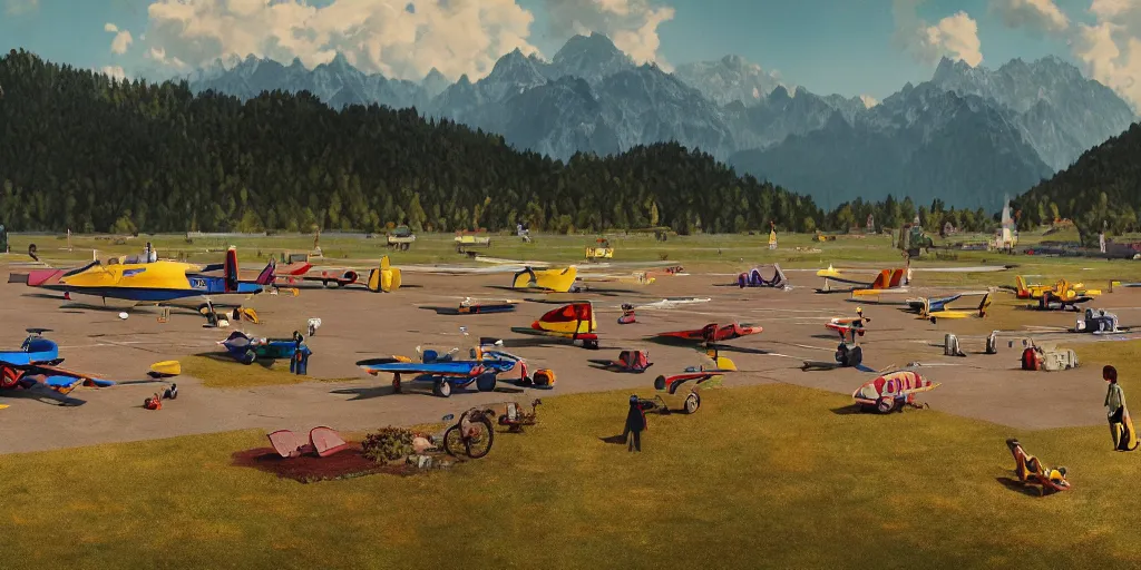 Image similar to a ultra photorealistic and sharp film still of an a sunny and colourful airfield in 1 9 1 6 in the middle of the bavarian alps, germany. parking and flying airplanes, wide shot, frog perspective, wes anderson, studio ghibli, pixar and disney animation, octane render, anime key art by greg rutkowski, dramatic lighting, award winning photography