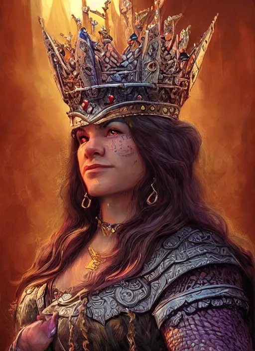 Image similar to dwarven queen wearing a crown, ultra detailed fantasy, dndbeyond, bright, colourful, realistic, dnd character portrait, full body, pathfinder, pinterest, art by ralph horsley, dnd, rpg, lotr game design fanart by concept art, behance hd, artstation, deviantart, hdr render in unreal engine 5