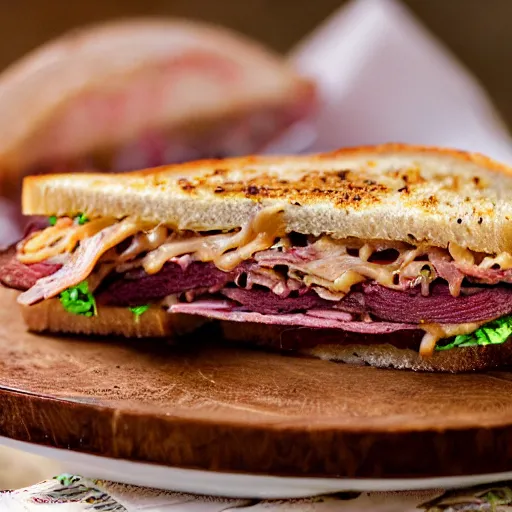 Image similar to a photograph of a rueben sandwich filled with so much cornbeef - pastrami that the sandwich is 5 times taller than other sandwiches, it looks mouth watering with melting cheeses and grilled onions, 1 0 0 0 island dressing and pumpernickle bread cooked to perfection, food photography