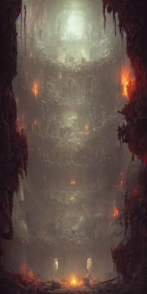 Prompt: Detailed Interior of the Burning Castle Ruins, Embers, Smoke billows, destruction walls, the ashen throne, bats flock, stunning atmosphere, in Style of Peter Mohrbacher, cinematic lighting