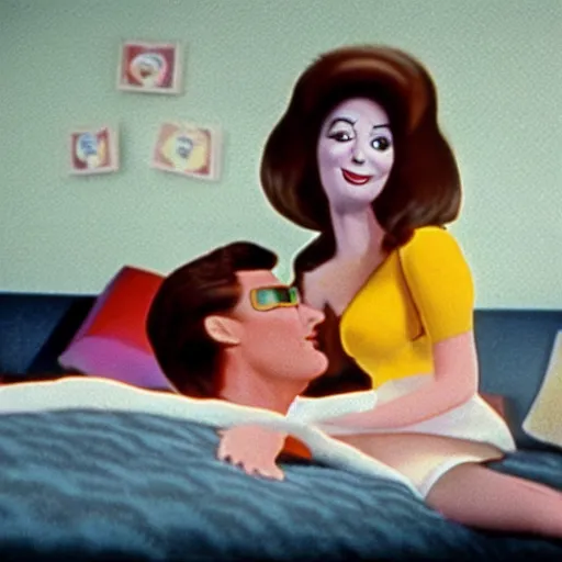 Prompt: still from a 1983 independent film about a desperate housewife wearing an inflatable cartoon face as she meets a handsome younger man in a seedy motel room