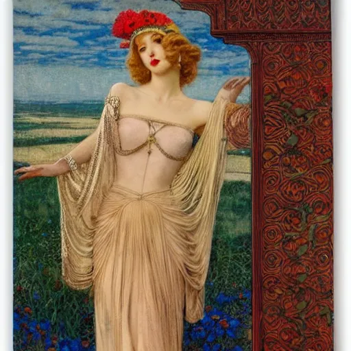 Image similar to taylor swift is a beautiful blonde young woman wearing an elaborate jeweled headdress with poppies dreamlike portrait by frank cadogan cowper, carlos schwabe, william morris, edmund dulac, and alphonse mucha, beautiful refined hyperdetailed dreamscape