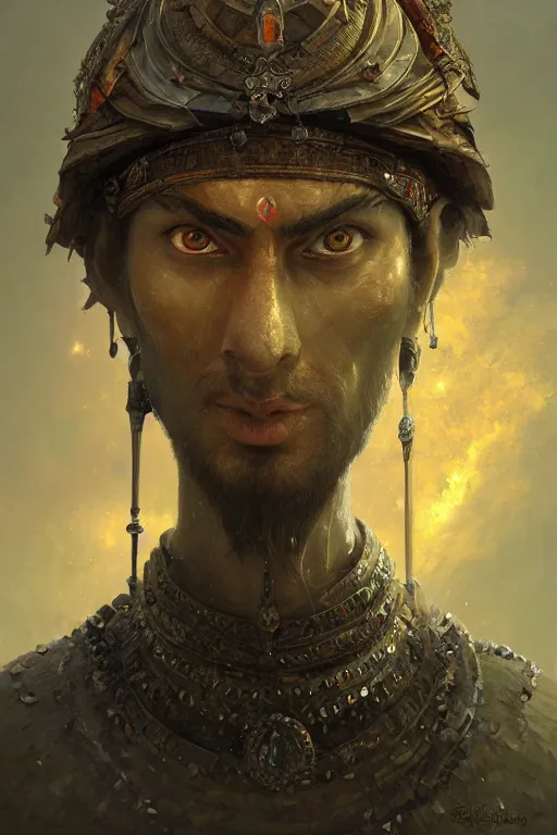 Prompt: gediminas pranckevicius hindu warrior, close - up portrait, fierce, intricate, elegant, volumetric lighting, scenery, digital painting, highly detailed, artstation, sharp focus, illustration, concept art, ruan jia, steve mccurry