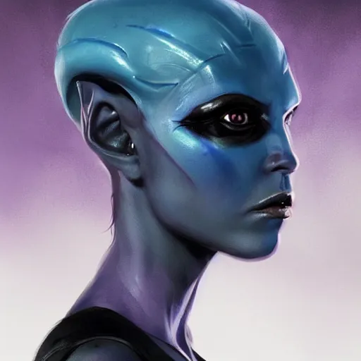 Image similar to portrait of a female Twi'lek sith by Greg Rutkowski, blue skin, she is about 30 years old, wearing black sith uniform, Star Wars Expanded Universe, highly detailed portrait, digital painting, artstation, concept art, smooth, sharp foccus ilustration, Artstation HQ