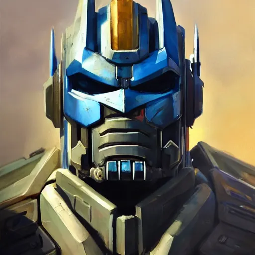 Image similar to greg manchess portrait painting of optimus prime as overwatch character, medium shot, asymmetrical, profile picture, organic painting, sunny day, matte painting, bold shapes, hard edges, street art, trending on artstation, by huang guangjian and gil elvgren and sachin teng