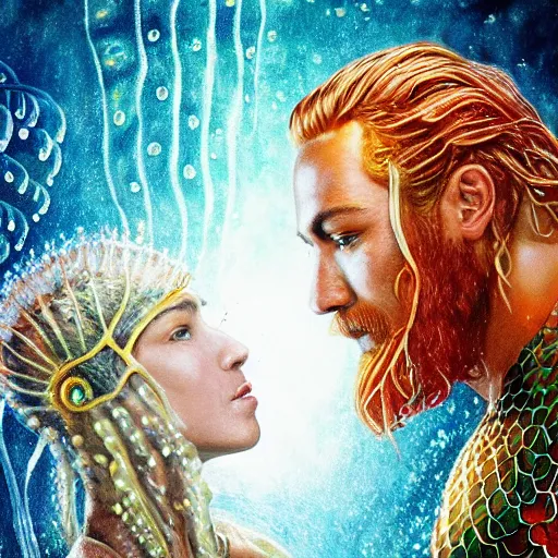 Image similar to intricate five star portrait of aquaman as a jellyfish man and his wife as jellyfish woman, oil on canvas, hdr, high detail, photo realistic, hyperrealism, matte finish, high contrast, 3 d depth, centered, masterpiece, vivid colors, enhanced light effect, enhanced eye detail, artstationhd