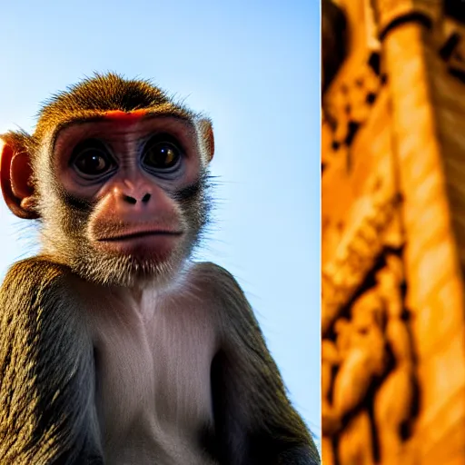 Image similar to high quality portrait of a monkey in front of Christ The Redeemer, studio photograph, photograph, realistic photo, 8k photo, 4k photo, stock photo, high resolution, cinematic shot, high detail