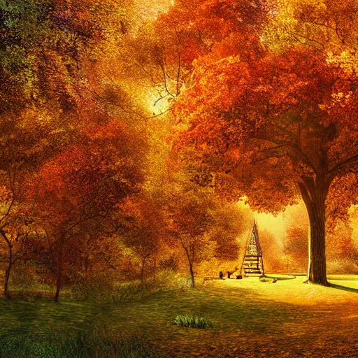 Image similar to a village full of tree houses nestled in a forest, golden hour, autumn leaves, realistic high quality art digital art