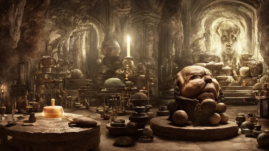 Prompt: a complex ancient alchemists interior, 4 k, stone table, giant clay gollum, giant clay statue, giant athanor, alembic, beakers full of liquid, knobs, glass orbs, candle lighting, octane render, natural color scheme, architectural photography, f 3 2, still from movie by guillermo del toro