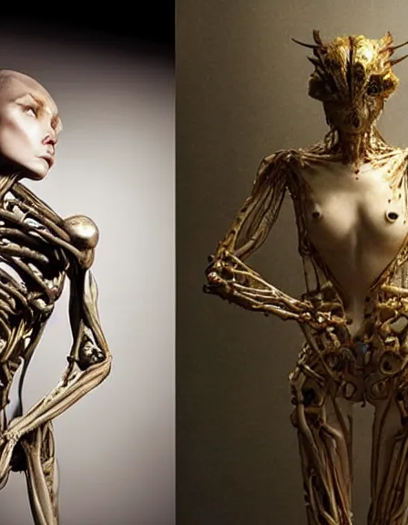 Image similar to still frame from Prometheus movie by Makoto Aida, biomechanical dryad by Iris van Herpen painted by Caravaggio and by Yoshitaka Amano by Yumihiko Amano by Makoto Aida