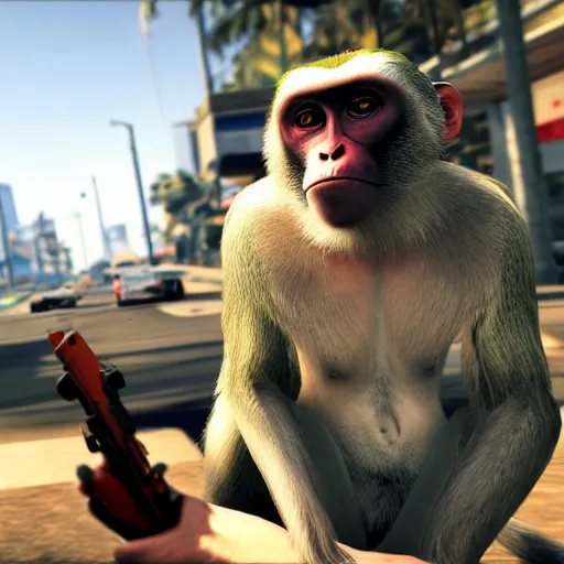 Prompt: Macaque in grand theft auto 5 video game