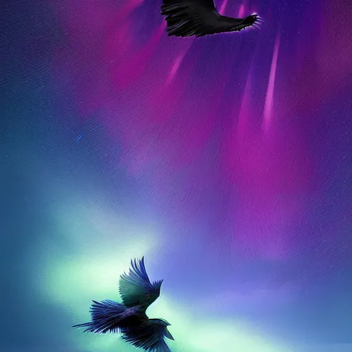 Image similar to detailed digital art, realistic, raven flying through the dark night with a mysterious aurora borealis, by naomi chen, cgsociety