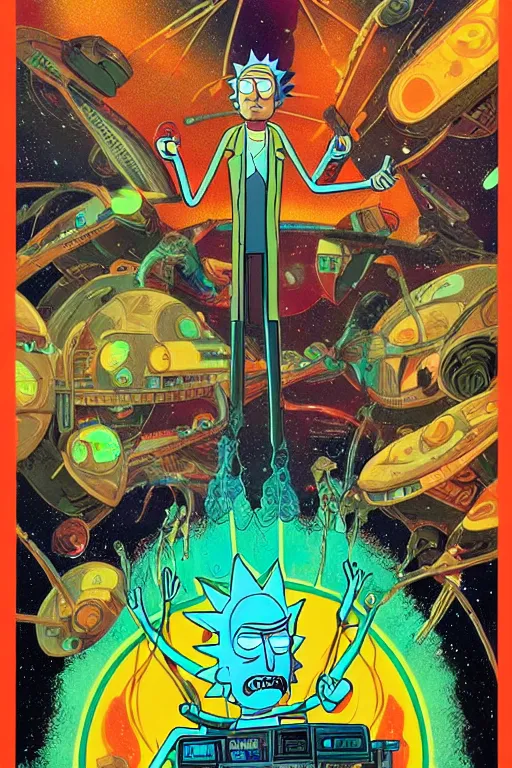 Image similar to Rick and Morty, science fiction, retro cover, high details, intricate details, by vincent di fate, artgerm julie bell beeple, 60s, inking, vintage 60s print, screen print