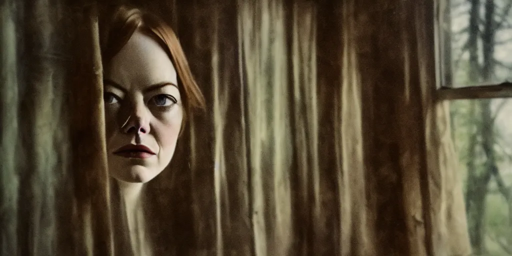 Image similar to portrait bust of emma stone, solemn expression, faded color film, russian cinema, tarkovsky, kodachrome, old cabin, next to window, heavy forest outside, long brown hair, old clothing, heavy fog, hudson river school, 4 k, dramatic lighting, greg rutkowski