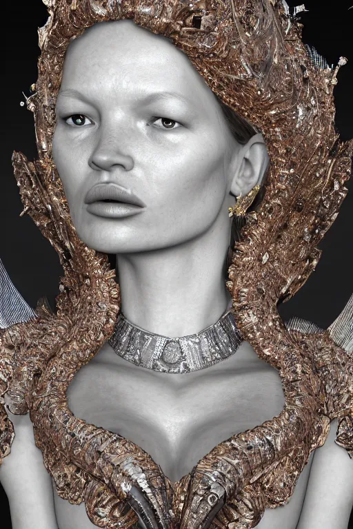 Image similar to a highly detailed medium shot 8 k render portrait of an alien goddess young kate moss in iris van herpen dress schiaparelli in diamonds and jewelry in style of alphonse mucha trending on artstation made in unreal engine 4