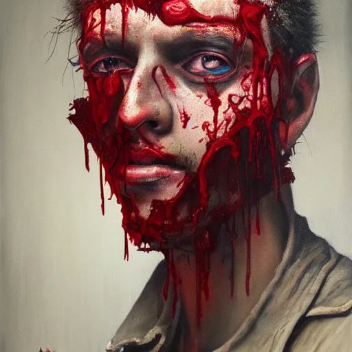 Prompt: a painting of a man with blood on his face, a surrealist painting by Brian Despain, trending on cgsociety, neo-figurative, dystopian art, macabre, cosmic horror