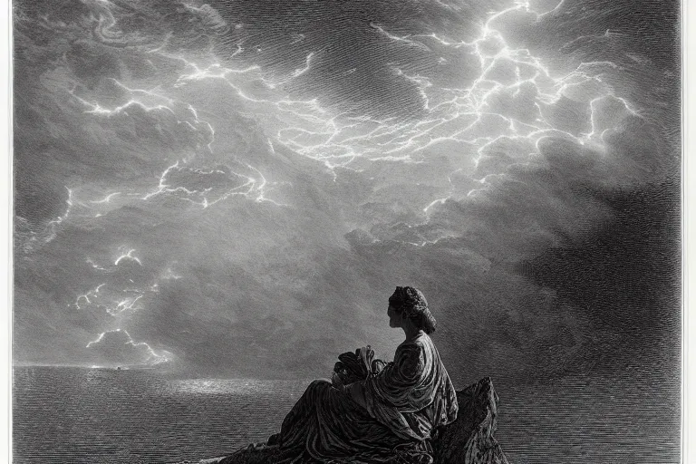 Image similar to black and white, young french woman sits near storm ocean, illuminated by a beam of light through detailed clouds, Gustave Dore lithography