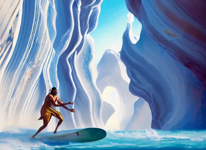 Image similar to a beautiful digital painting of a Samrurai in a white and royal blue luxurious battle suit surfing a tsunami at Antelope Canyon on a chic surfboard at Pamukkale, thermal waters flowing down gold travertine terraces by greg rutkowski, award winning photo, trending on artstation, highly detailed, unreal engine, octane render