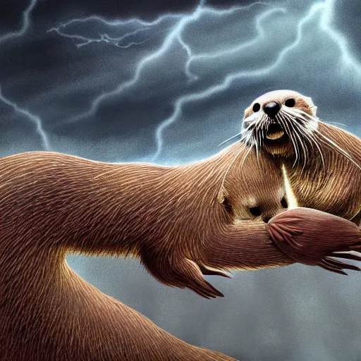 Image similar to illustration hyper detailed otters holding hands in a huge storm cinematic trending on artstation masterpiece