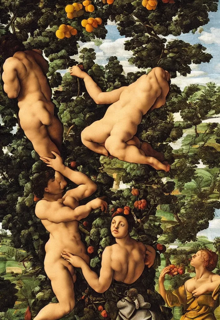 Image similar to men and women, portrait, garden with fruits on trees, ultra detailed, Orazio Gentileschi style, Michelangelo style