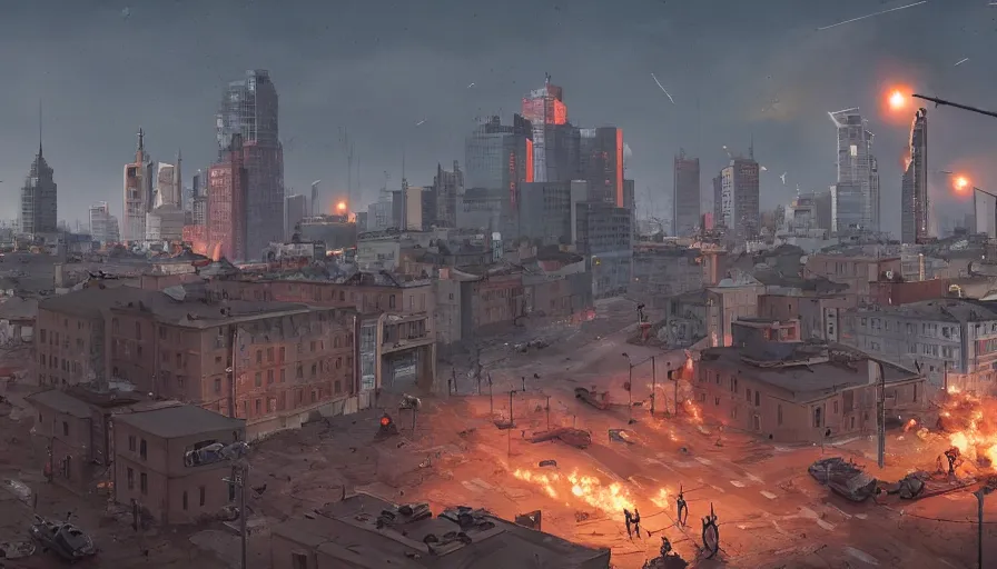 Prompt: warsaw downtown, soldiers and mech fight, simon stalenhag, 4 k, ultra detailed, explosions and smoke