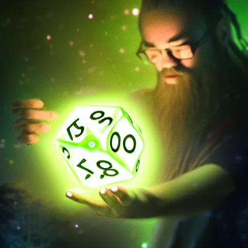 Image similar to a mythical forestmancer god rolling a d 6 dice, glowing energy, fantasy magic, by willian murai and jason chan, dramatic lighting, golden ratio, sharp focus
