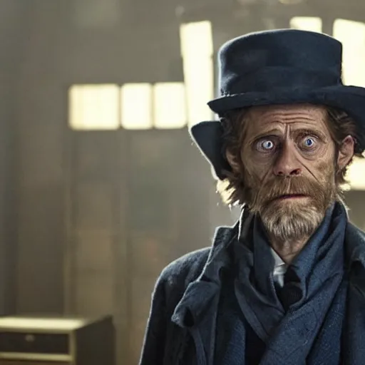 Image similar to willem dafoe as a rough dirty man with a scruffy beard in a dark blue trenchcoat and tophat as the new doctor who, cinematic, volumetric lighting, f 8 aperture, cinematic eastman 5 3 8 4 film, photorealistic