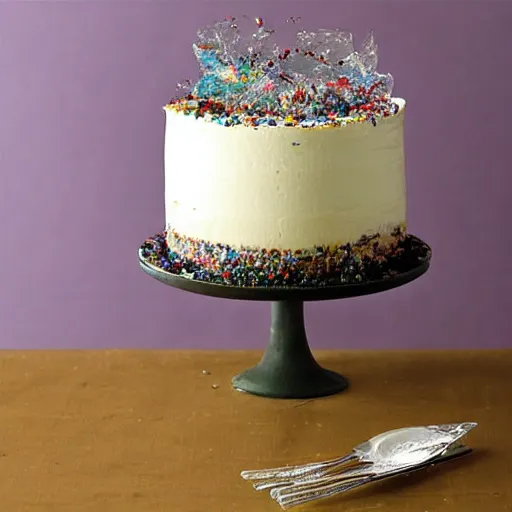 Prompt: cake made out of shattered glass