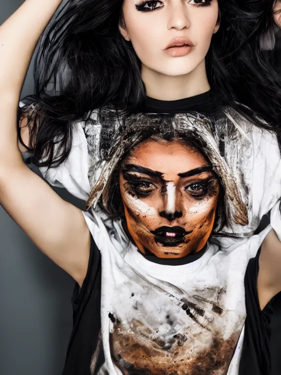 Image similar to hyperdetailed photo of a beautiful italian girl, brown eyes, dark hair, black makeup, skin, winds of winter, with ripped crop t - shirt with a logo, fine - face, pretty face