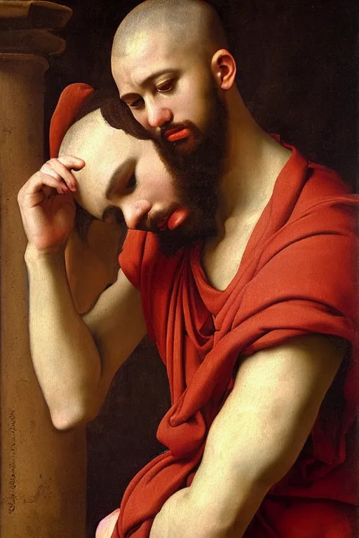 Image similar to renaissance painting of young man, monk haircut, pleading face, tears dripping from the eyes, emotions closeup, dressed in roman armour, the beautiful garden, ultra detailed, art by Guido Reni style, Vincenzo Catena style