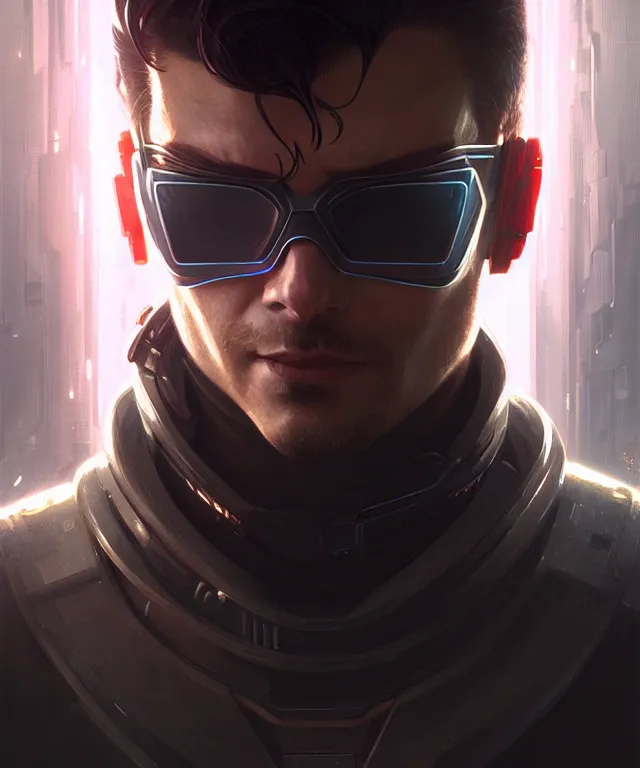 Prompt: cyberpunk hacker man portrait, sci - fi face, elegant, highly detailed, digital painting, artstation, concept art, smooth, sharp focus, illustration, art by artgerm and greg rutkowski and alphonse mucha