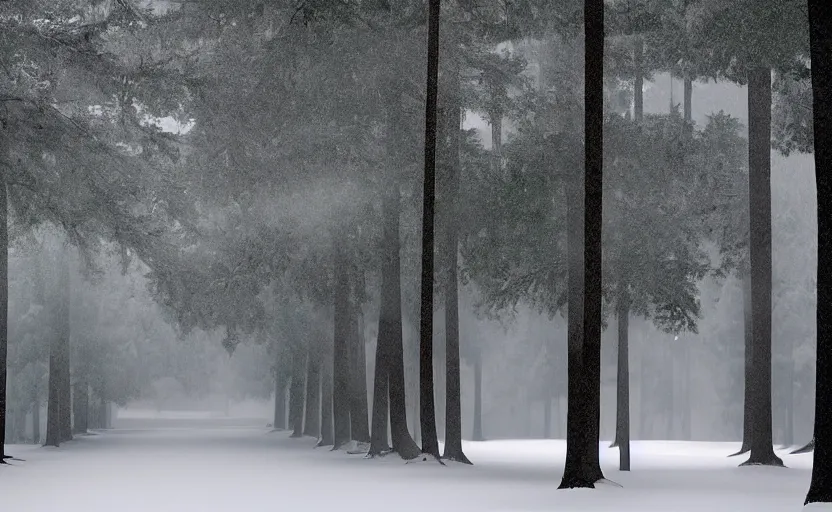 Image similar to augusta national, the masters, nr. 1 2, middle of the winter, completely covered in snow, beautiful ambient light, stunning photography, fog, light rays