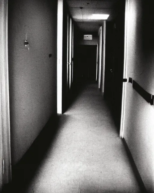 Image similar to an amateur disposable camera picture of a ghost in a hallway