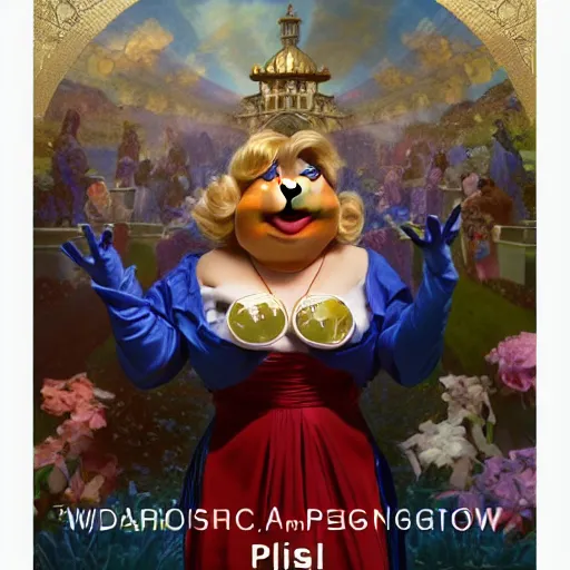 Image similar to Epic Masterpiece wide angle shot of MIss Piggy as Morpheus offering red pill and blue pill, mirror shades, drawn by Donato Giancola and Tom Bagshaw, Edmund Leighton, Alphonse Mucha, 4k, volumetric lighting, komorebi, trending on artstation, octane render, hyperrealistic