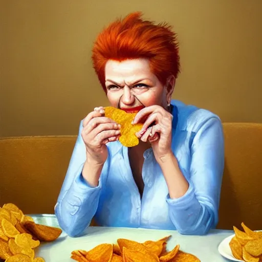 Prompt: portrait of Pauline Hanson eating chips, by greg rutkowski, very coherent, hyper realism, high detail, vivid colors, octane render, unreal engine, 8k, Smooth gradients, High contrast, depth of field by Jacek Yerka