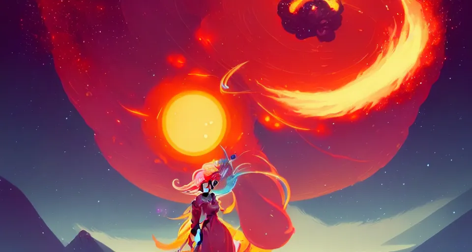 Image similar to a fiery fireball blazing with light, surrounded with spiriling sparkling rose crystals and galaxies, by peter mohrbacher, hyper light drifter, ukiyo - e trending on artstation