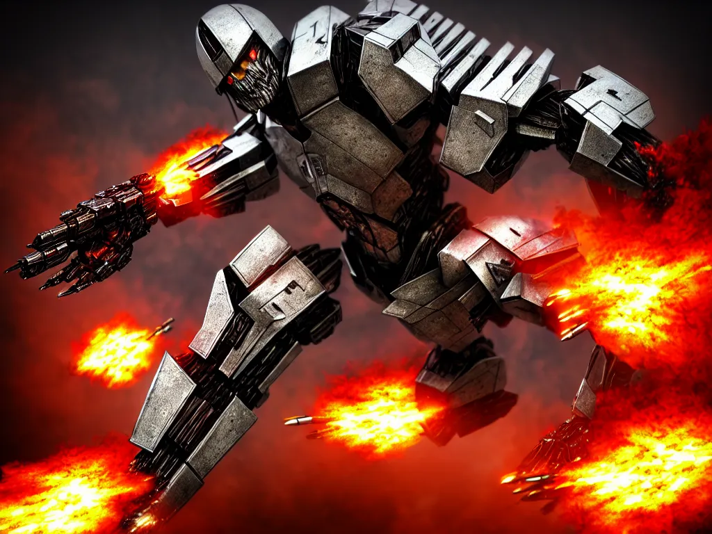 Prompt: megatron in battle, smoke, fire, explosions, chrome, shiny, reflective, metallic, 3 d render, realistic, hdr, stan winston studios, dramatic lighting, flame colors bright,