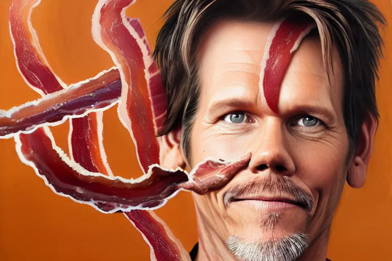 Prompt: a painting bacon with kevin bacon's face, 8 k, cinematic, movie still