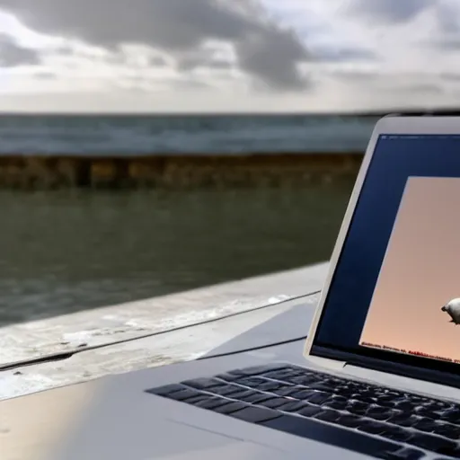 Prompt: a seagull angrily typing on a laptop