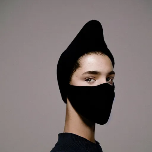 Image similar to realistic photoshooting for a new balenciaga lookbook, color film photography, portrait of a beautiful woman, model is wearing a balaclava mask, in style of tyler mitchell, 3 5 mm,