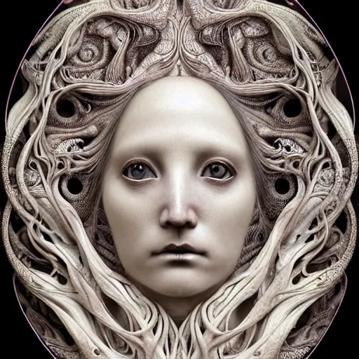 Image similar to detailed realistic porcelain beautiful organic calaveras goddess face portrait by jean delville, gustave dore, iris van herpen and marco mazzoni, art forms of nature by ernst haeckel, art nouveau, symbolist, visionary, gothic, neo - gothic, pre - raphaelite, fractal lace, intricate alien botanical biodiversity, surreality, hyperdetailed ultrasharp octane render