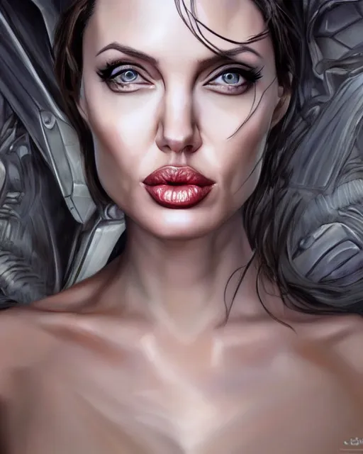 Prompt: angelina jolie, portrait, fantasy art, in the style of artgerm, illustration, epic, fantasy, intricate, hyper detailed, artstation, concept art, smooth, sharp focus, ray tracing, vibrant, photorealistic, simon bisley, fabry glenn