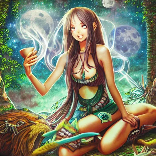 Prompt: richly detailed colored pencil 3 d illustration spartan tea at campfire with trichocereus jungle background smoke haze full moon ayahuasca peyote art by rossdraws range murata and artgerm