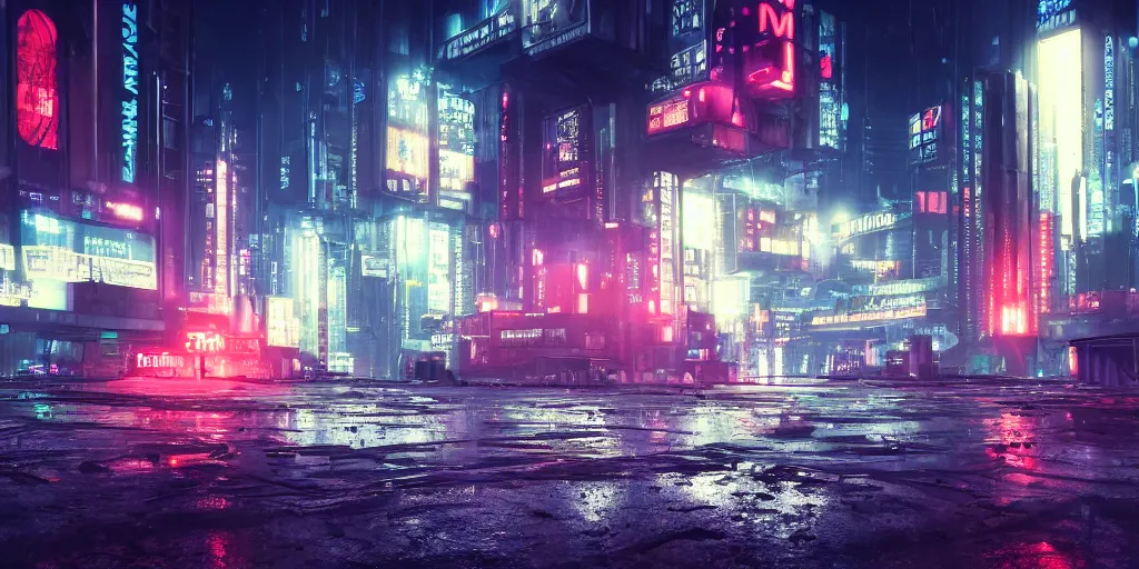 Image similar to a dystopian city scene at night with neon signs hanging in the distance, and a spaceship in the sky, wet concrete, volumetric lighting, cyberpunk, photorealism, dramatic lighting