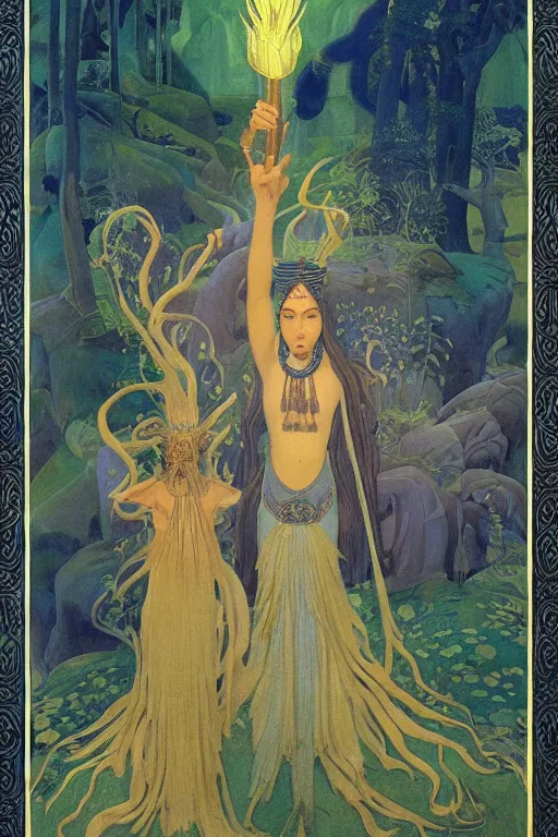 Prompt: lost queen of the forest with her scepter, by Nicholas Roerich and jean delville and Maxfield Parrish, dramatic cinematic lighting , ornate headdress , lost civilizations, extremely detailed, unreal engine