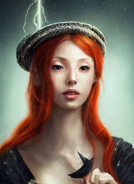 Image similar to a portrait of Nami the burglar as a real woman, wearing a traditional geisha dress, ginger hair, lightning in the background , electricity themed, beautiful face, intricate, highly detailed, digital painting, artstation, concept art, smooth, sharp focus, illustration, art by Charlie Bowater, matte painting