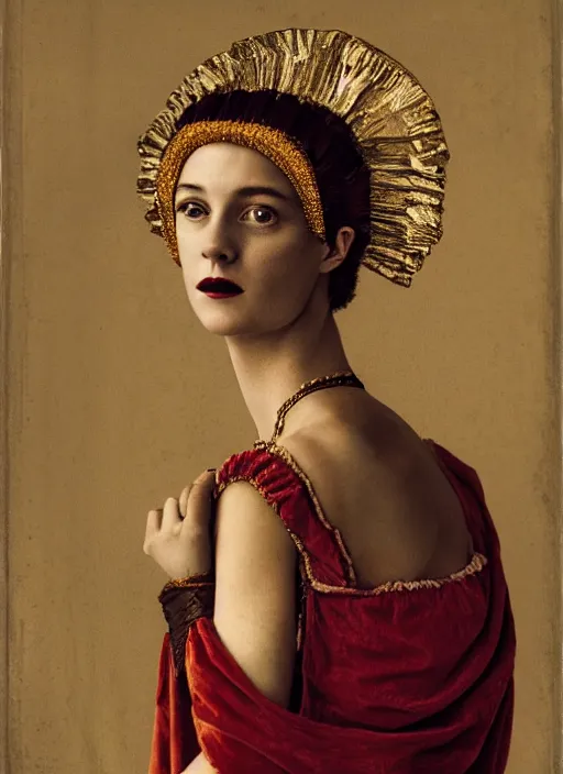 Prompt: portrait of young woman in renaissance dress and renaissance headdress, art by peter lindbergh