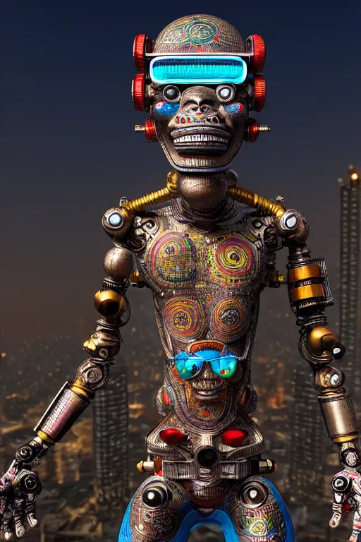 Prompt: high quality 3 d render happy cyborg! man monkey hybrid madhubani, highly detailed, cyberpunk!! mumbai in the background, unreal engine cinematic smooth, szukalski ravi varma, moody light, low angle, uhd 8 k, sharp focus