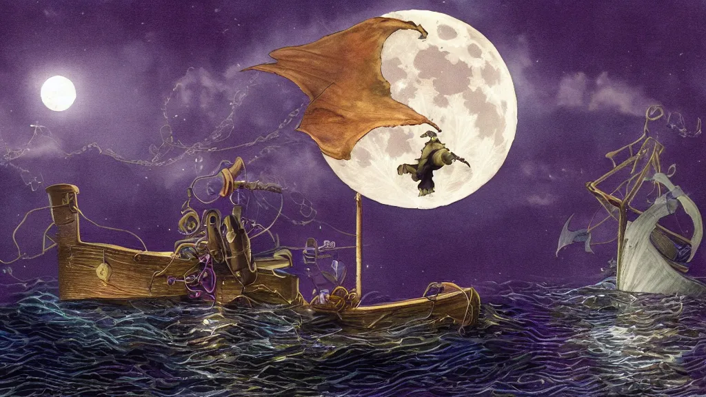 Image similar to a giant anglerfish at the surface of the water meets a sailor with a lantern on a sloop, background with large full moon and purple sky, intricate, accurate details